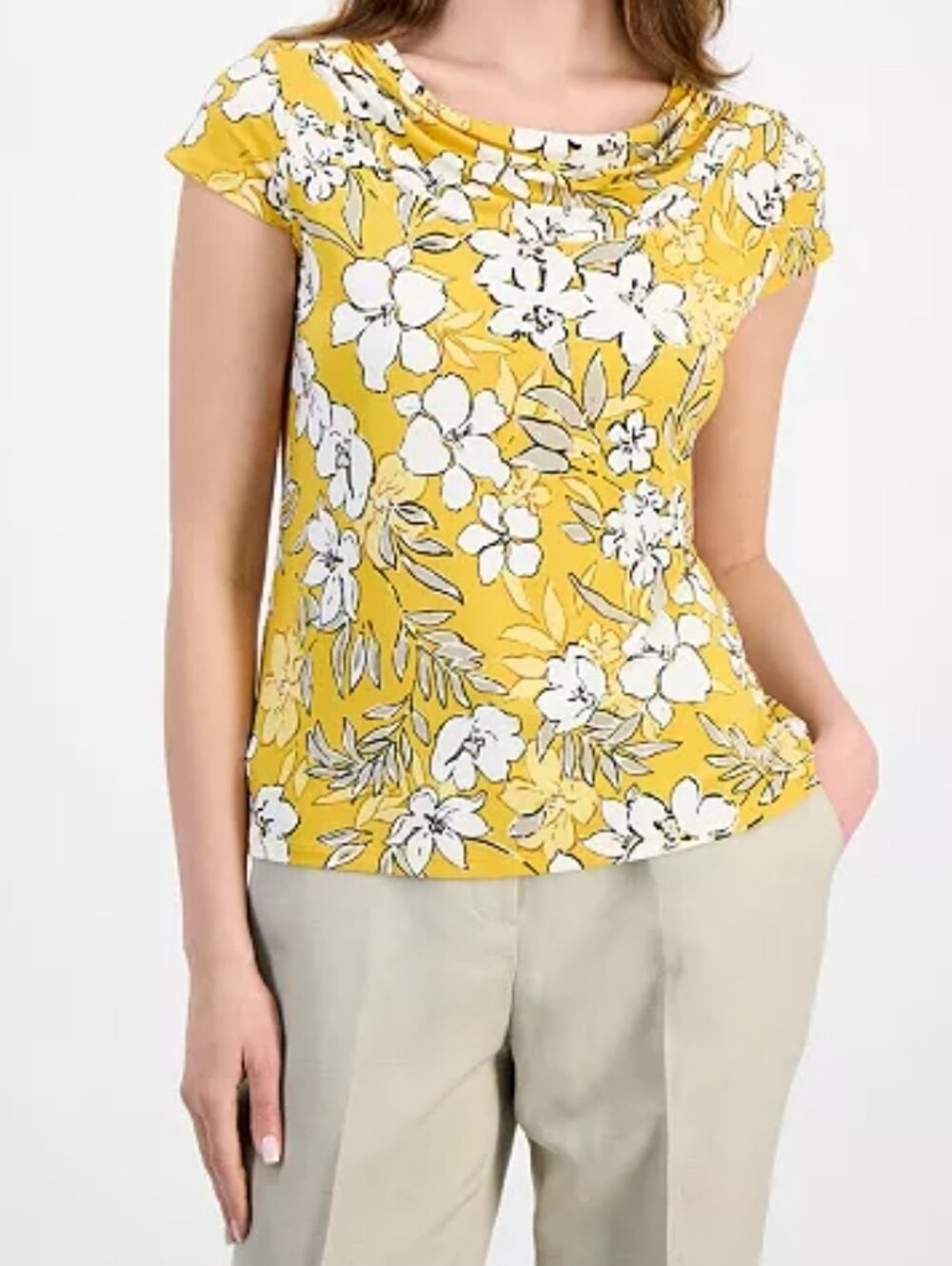 Kasper Yellow Floral Short-Sleeve Scoop Neck Top